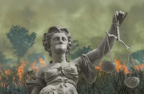 Photomontage : Justitia devant la forêt tropicale en flammes