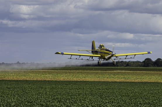 Un avion à hélice pulvérise des pesticides au-dessus d’un champ de soja