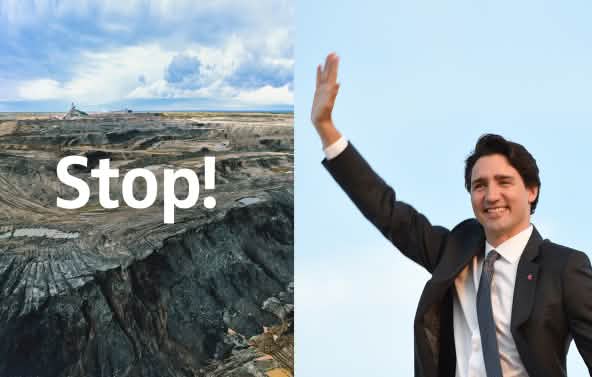 Fotomontage : à gauche une vue aérienne d’une zone dévastée par l’extractiond de sables bituineux, à droite le premier ministre canadien Justin Trudeau