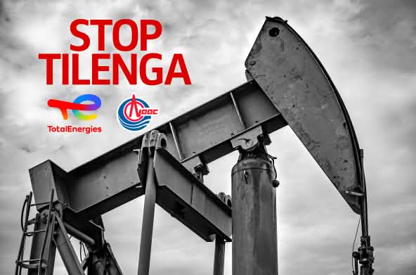 Stop au projet Tilenga en Uganda. Collage : puit de pétrole et logo de TotalEnergies