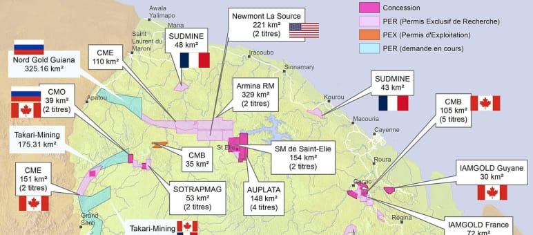Carte Permis miniers Guyane réalisée par le collectif Or de question
