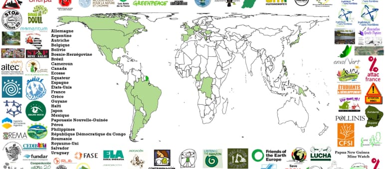 Carte du Monde localisant les 105 organisations s'opposant au projet de mine industrielle Montagne d'Or en Guyane