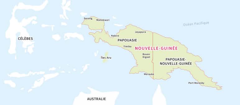 L’île de Nouvelle-Guinée est divisée en deux : l’ouest fait partie de l’Indonésie, tandis que l’est constitue l’État indépendant de Papouasie-Nouvelle-Guinée Carte de la Nouvelle-Guinée
