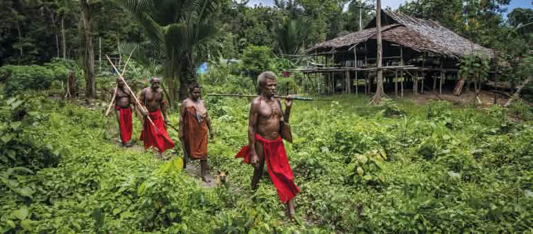 Les indigènes Moi Kelim vivent de la pêche et de la chasse Des indigènes marchent en file