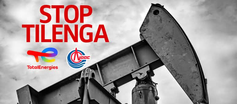 Ouganda : le pipeline EACOP et TotalEnergies dans la tourmente Stop au projet Tilenga en Uganda. Collage : puit de pétrole et logo de TotalEnergies