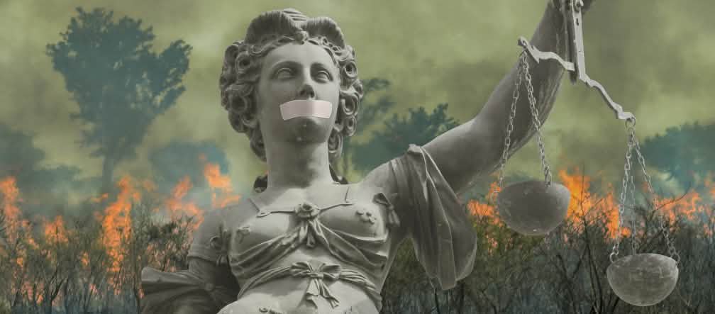 Pour une loi anti-SLAPP contre toutes les formes d’intimidations comme les poursuites bâillons ou les mises en demeure Photomontage : Justitia devant la forêt tropicale en flammes