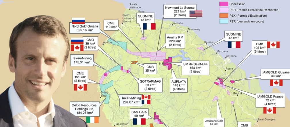 Le président français Emmanuel Macron devant la carte des permis miniers délivrés en Guyane Photomontage : Emmanuel Macron avec en arrière plan la carte des permis miniers en Guyane française
