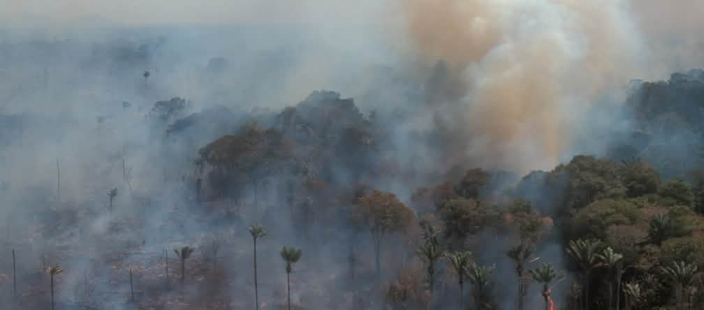 Au même moment, les forêts brûlent en Amérique du Sud à cause de l’expansion des surfaces agricoles Vue aérienne de la combustion de la forêt amazonienne