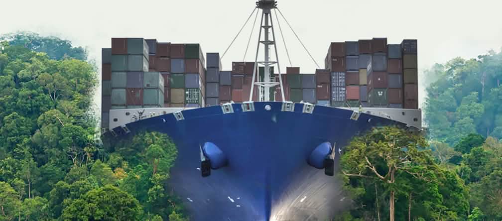 Canal interocéanique du Nicaragua : faciliter le libre-échange global au prix de la nature Photomontage : un porte conteneurs vue de face se dirige vers nous en pulvérisant la forêt tropicale