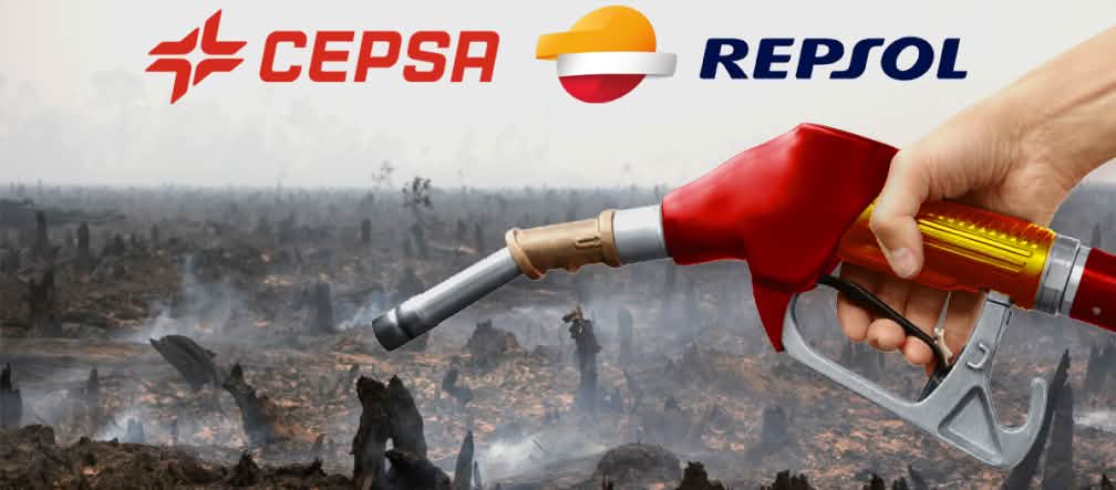 Photomontage : une pompe à essence aux couleurs de l’espagne avant en arrière plan une forêt tropicale venant d’être incendiée pour la culture d’huile de palme