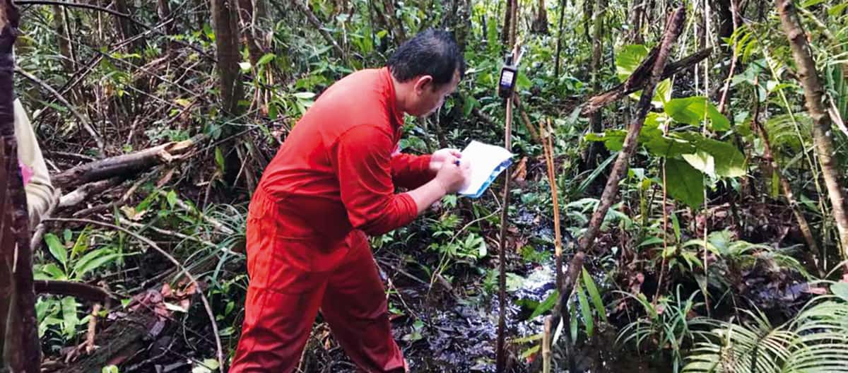Matek fait des relevés dans la forêt à l’aide de son GPS pour cartographier le territoire des Iban