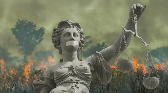 Photomontage : Justitia devant la forêt tropicale en flammes