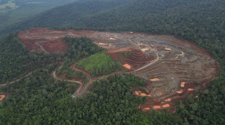 Vue aérienne sur une mine de nickel au milieu d’une forêt tropicale dévastée