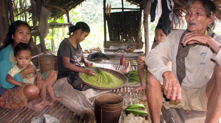 Dans une hutte ouverte, un homme, un petit garçon et trois femmes  sont assis, l’une d’elles trie du riz dans saladier plat