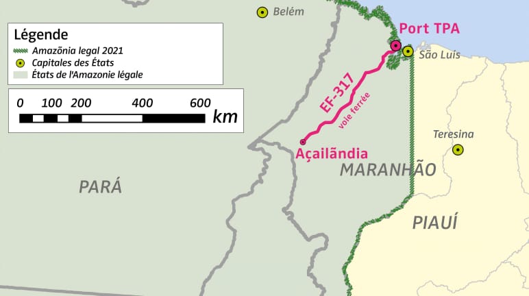 Carte montrant l’emplacement du port TPA et de la voie ferrée de fret EF-317 vers "Amazônia legal 2021" au Brésil