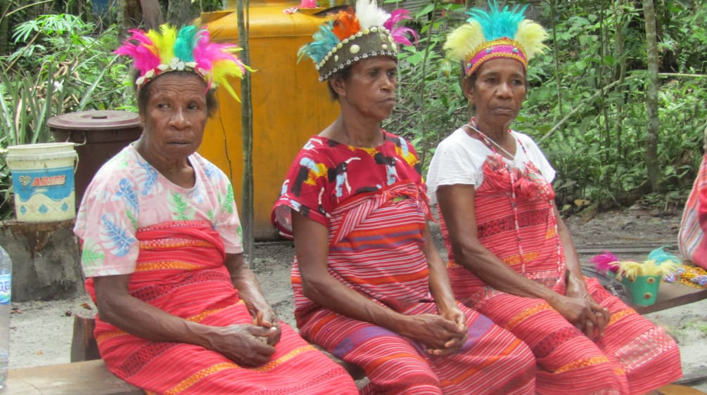 Trois femmes vêtues de tissus rouges et coiffées de plumes colorées