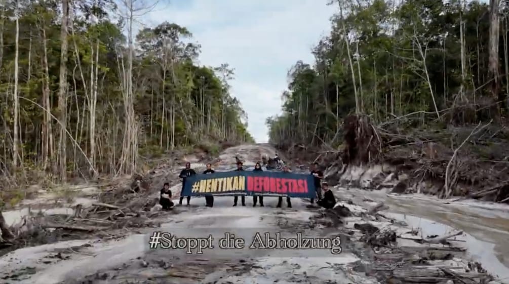 Des activistes protestent au milieu d’une route de bûcheronnage. Ils brandissent une bannière sur laquelle est écrit « Halte à la déforestation ! » en indonésien.