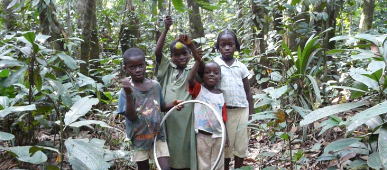 La présidente libérienne rappelle à l’ordre l’entreprise d’huile de palme EPO Quatre enfants jouent dans la forêt tropicale du Libéria